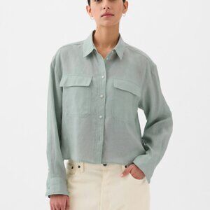GAP 100% Linen Cropped Shirt | Frothy Aqua Green | Small Tall ST | NWT
